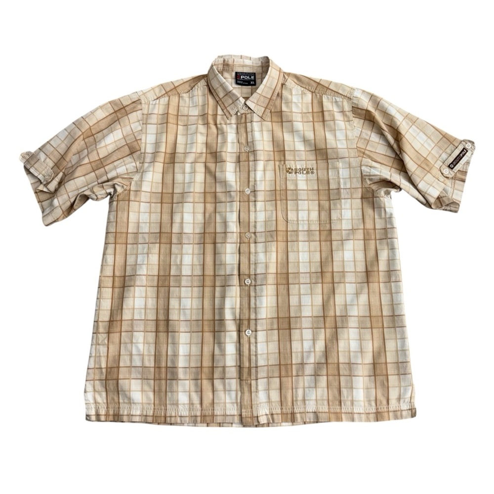 y2k 2000s SouthPole Streetwear Men XL Tan Brown Button Down Short Sleeve Shirt